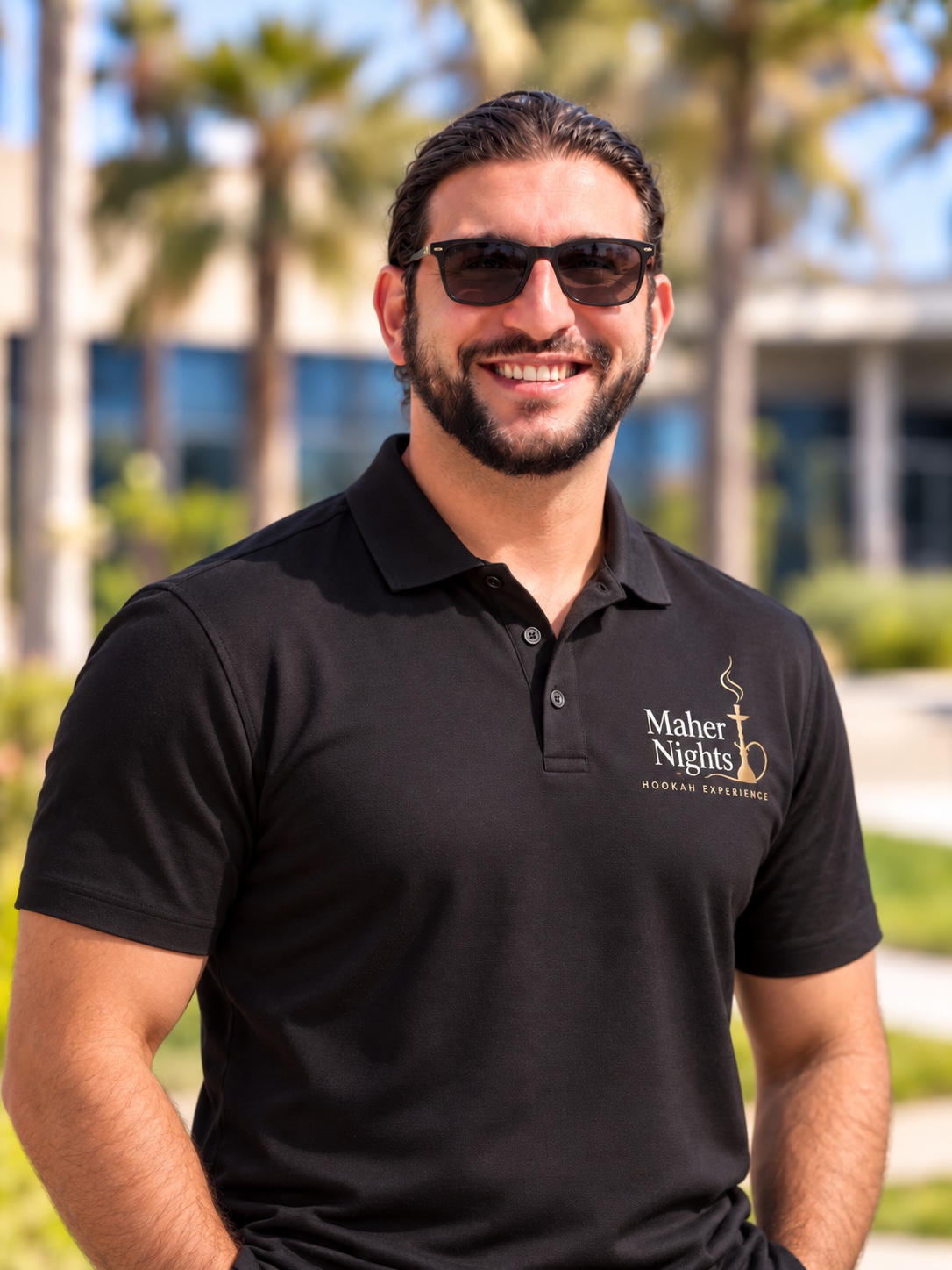 Maher smiling in his black Maher Nights polo and sunglasses